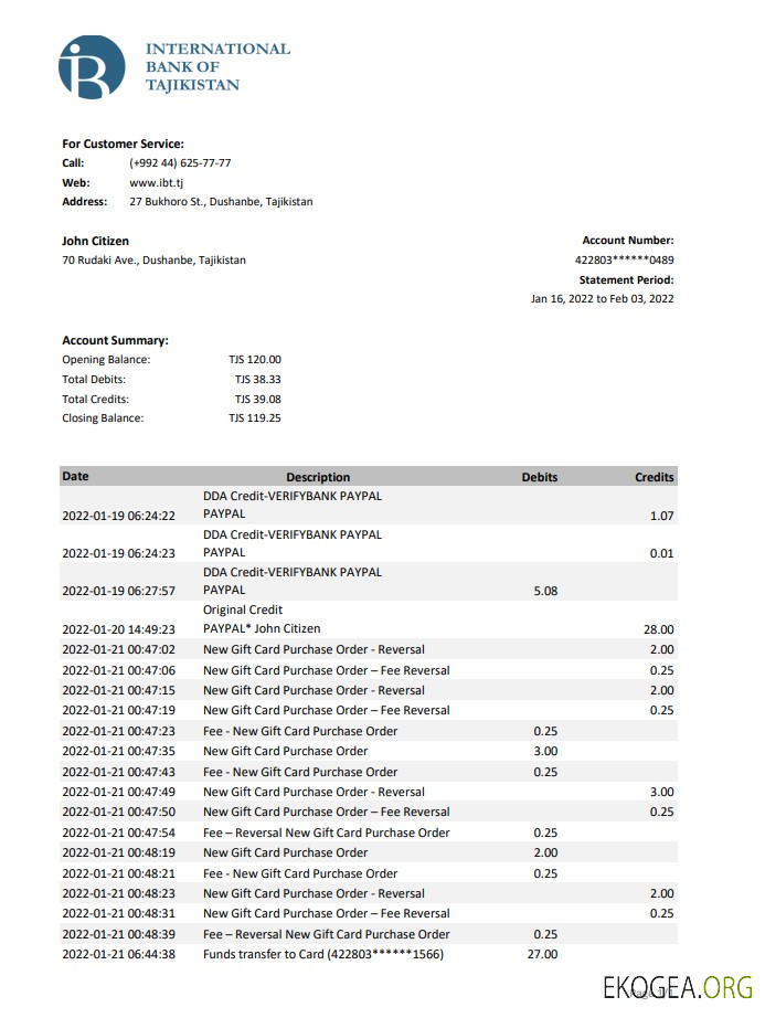 Relevé bancaire ITB du Tadjikistan xls